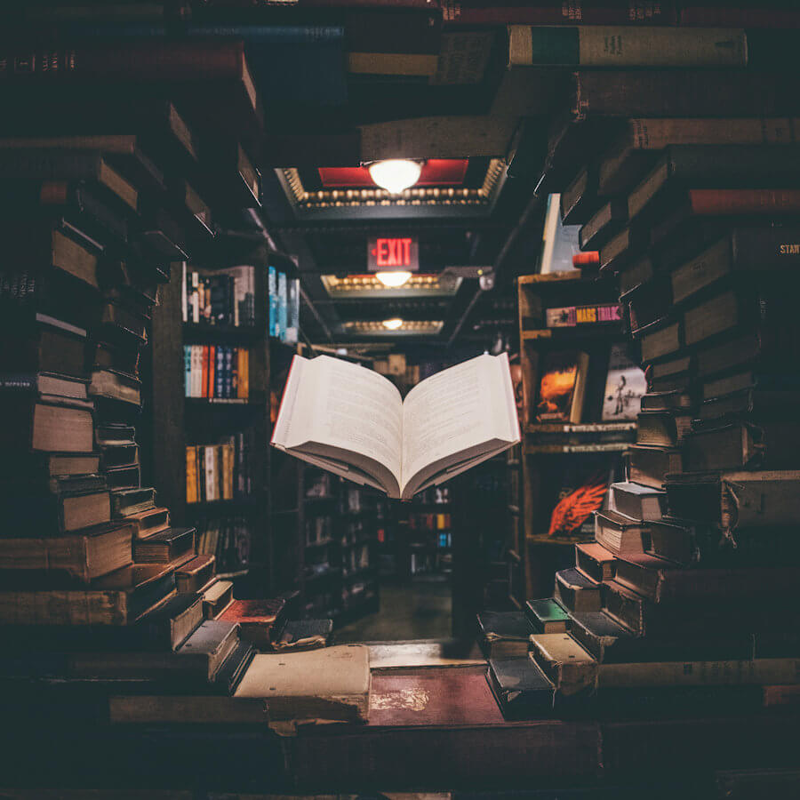Floating book in a library